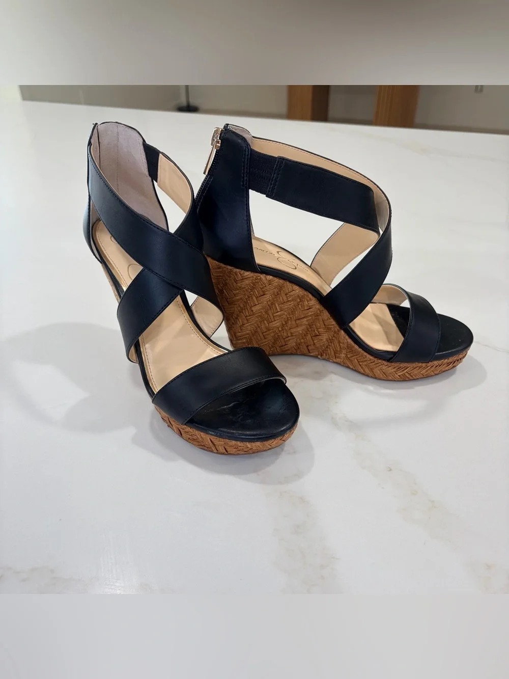 Jessica Simpson Black Crisscross Wedge Sandals with Woven Tan Platform